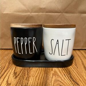 Rae Dunn Black & White Salt and Pepper Canisters with Wooden Lids